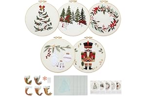 ELASIGNSHOPO 5 Sets Christmas Embroidery Kit for Beginners Adults Embroidery Starter Kit Pine Tree Nutcracker Patterns Winter Xmas Embroiderys Needlepoint Kits Includes Instruction 2 Hoops Color Threads Needles
