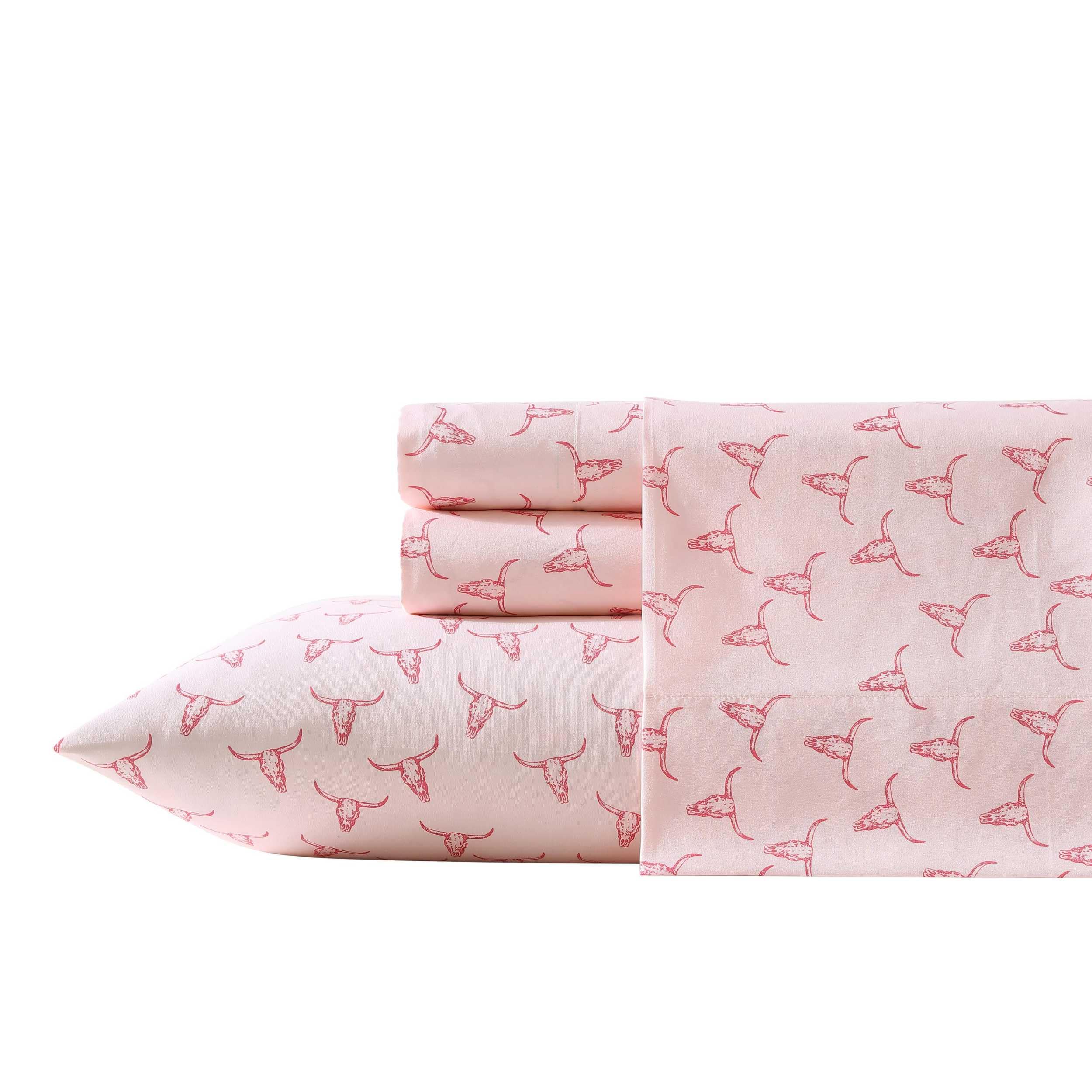 Photo 1 of **TORN** Wrangler - Queen Size Sheet Set, Ultra-Soft & Wrinkle-Resistant Bedding for Year Round Comfort, Deep Pockets, Bed Sheets with Matching Fitted Sheet & Pillowcases (Steer Skulls Pink)