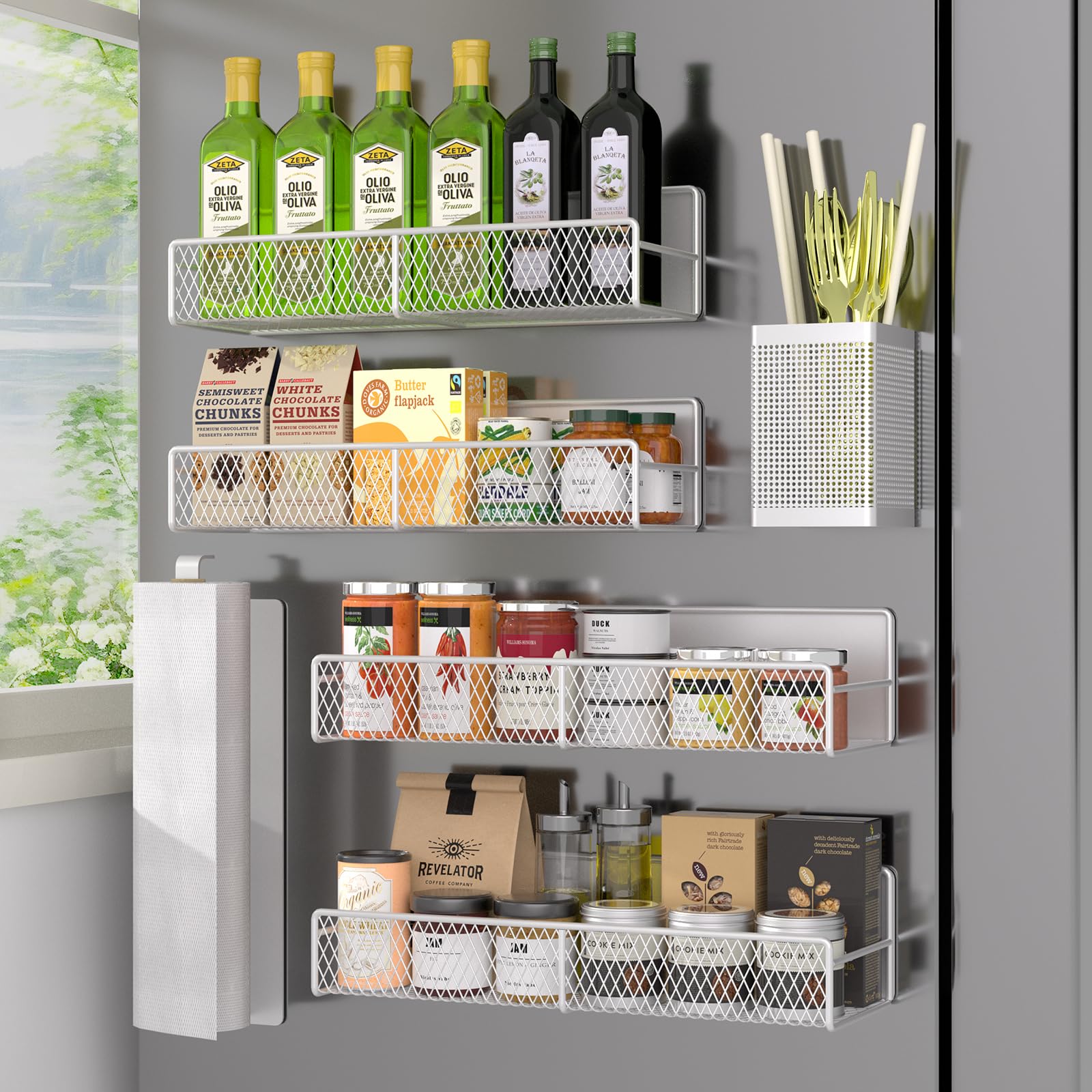 Magnetic Spice Rack for Refrigerator, 6 Pack 100% Metal Strong Magnet Shelf, Space Saving Spice Organizer, Home Kitchen Laundry Room Storage Organization W/ Paper Towel Holder, Utensils Racks (White) Image