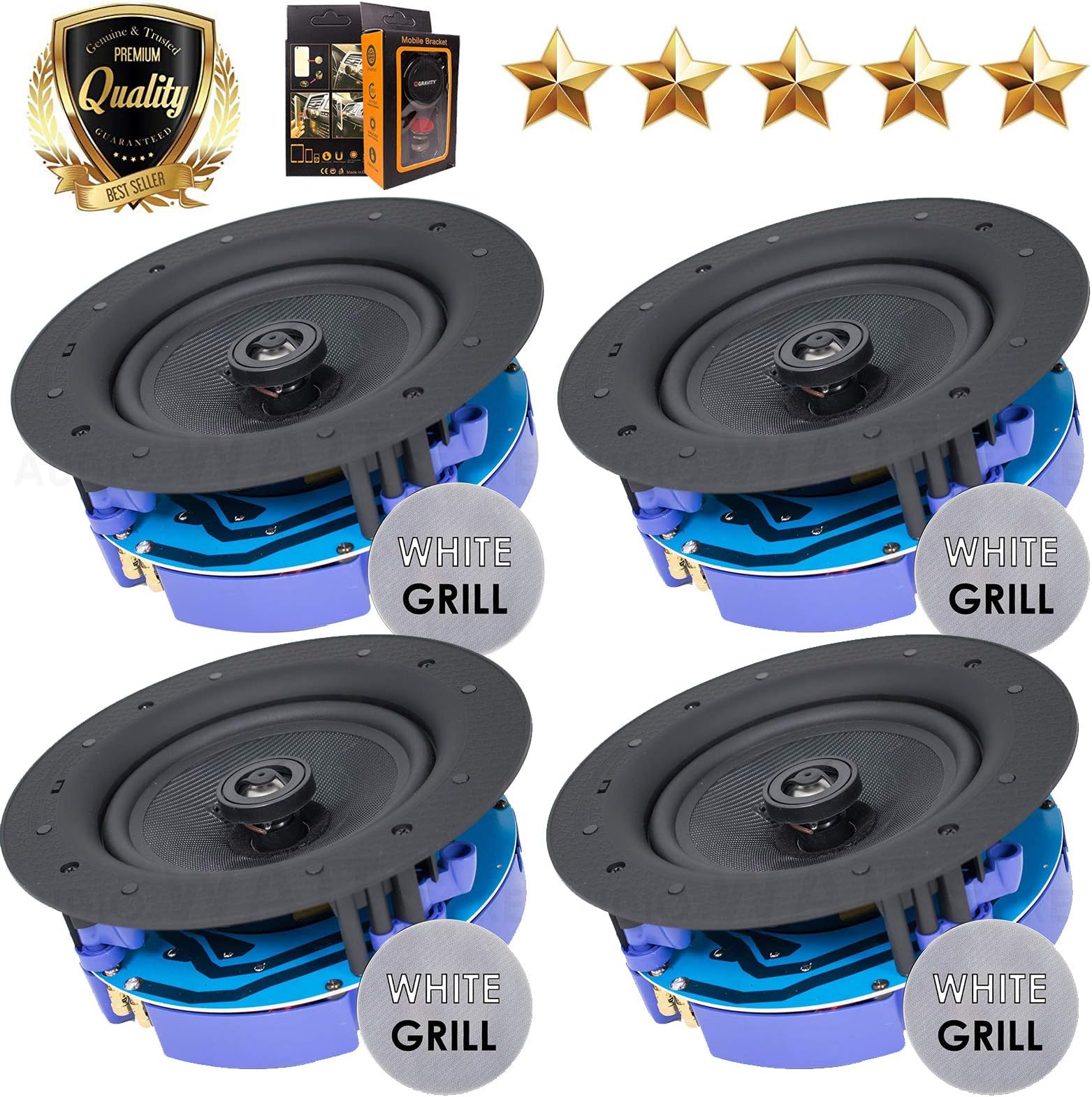 Package: Gravity Premium SG-6Hi 6.5” 800 Watts Flush Mount In-wall In-ceiling 2-Way Universal Home Speaker System with PP Cone Titanium Tweeter Stereo Sound(4 Speakers Included)