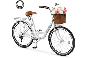 MOONCOOL Womens Bike 7 Speed, 24 26 inch Beach Cruiser Bikes for Women, Step Through Adult Bicycle with Front Basket for City Commuting
