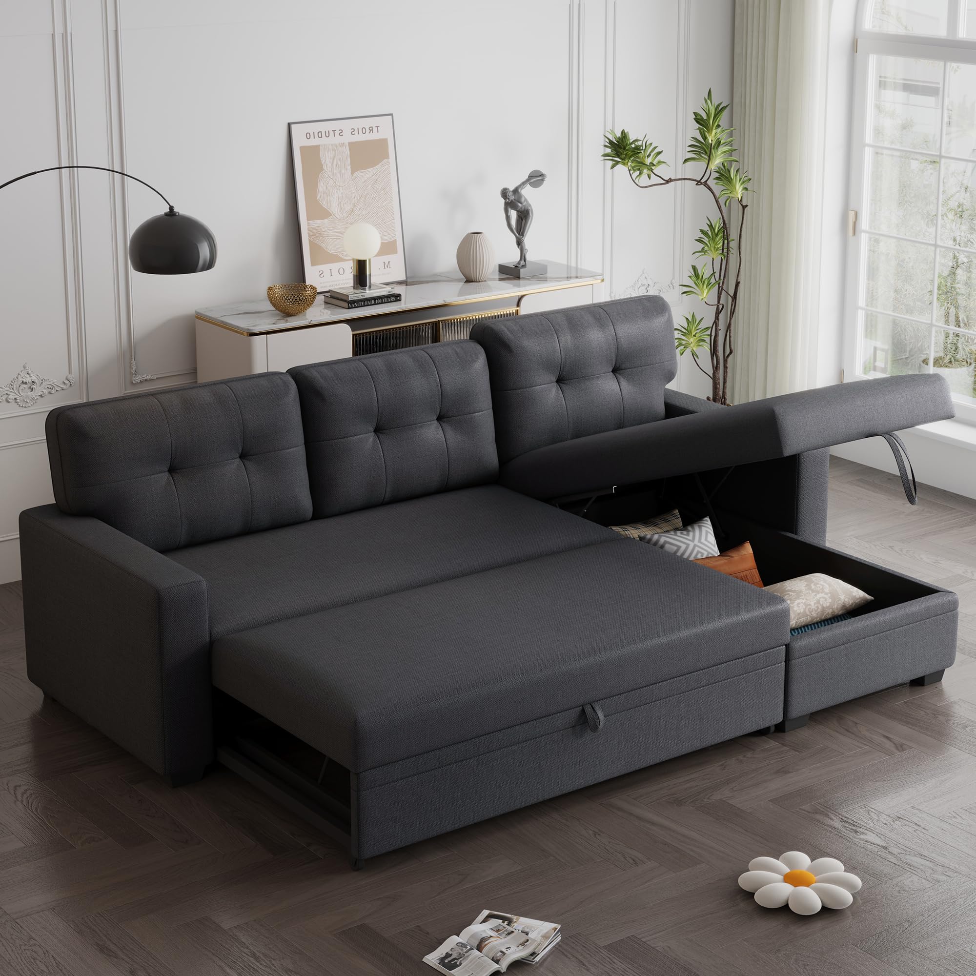 Photo 1 of ***3 OF 3 BOXES****Acosure 82" L-Shape Convertible Sleeper Sectional Sofa with Storage Chaise and Pull-Out Bed,Modular Corner Couch Lounge,w/Removable 3 Back Cushions and Armrest,for Home Furniture,Dark Gray