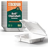 100% Compostable Clamshell Take Out Food Containers [8X8" 50-Pack] Heavy-Duty Quality to go Containers, Natural Disposable Bagasse, Eco-Friendly Biodegradable Made of Sugar Cane Fibers