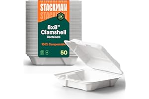 STACK MAN 100% Compostable Clamshell Take Out Food Containers [8X8" 50-Pack] Heavy-Duty Quality to go Containers, Natural Disposable Bagasse, Eco-Friendly Biodegradable Made of Sugar Cane Fibers