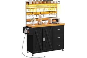 YITAHOME Kitchen Island with Power Outlet & LED Light, 53 Inch Large Standing Baker Rack, Tall Shelf Storage Cabinet on Wheels, Thick Countertop, Glass Holder, Spice Rack, Black Oak