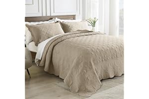 SUCHDECO Oversized King Bedspreads 132x120 inches California King Quilt Set Lightweight Soft Quilted Bedspread Coverlet Set with 2 Pillow Shams, Grid & Damask Embroidery, Beige