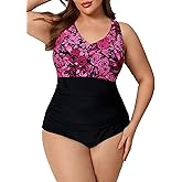 Halcurt Plus Size One Piece Swimsuit for Women Twist Front Tummy Control Full Coverage Retro Bathing Suit