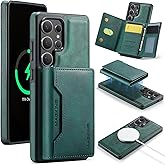 Cseoteo Wallet Case for Samsung Galaxy S25 Ultra, Strong Magnetic Back Cover Compatible with MagSafe, Retro Leather Shockproof Phone Case with Detachable Trifold RFID Card Holder Wallet Stand (Green)