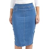ESTEEZ High Waisted Pull-on Knee Length Stretch Denim Jean Skirt for Women - Siena