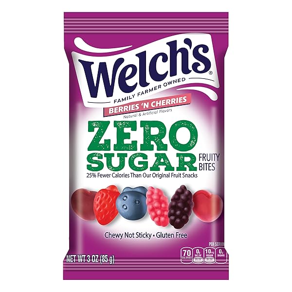 WELCH’S ZERO SUGAR FRUITY BITES, BERRIES ‘N CHERRIES SNACK PACK, GLUTEN FREE & SUGAR FREE SNACKS, 3OZ SNACK PACK (PACK OF 1)