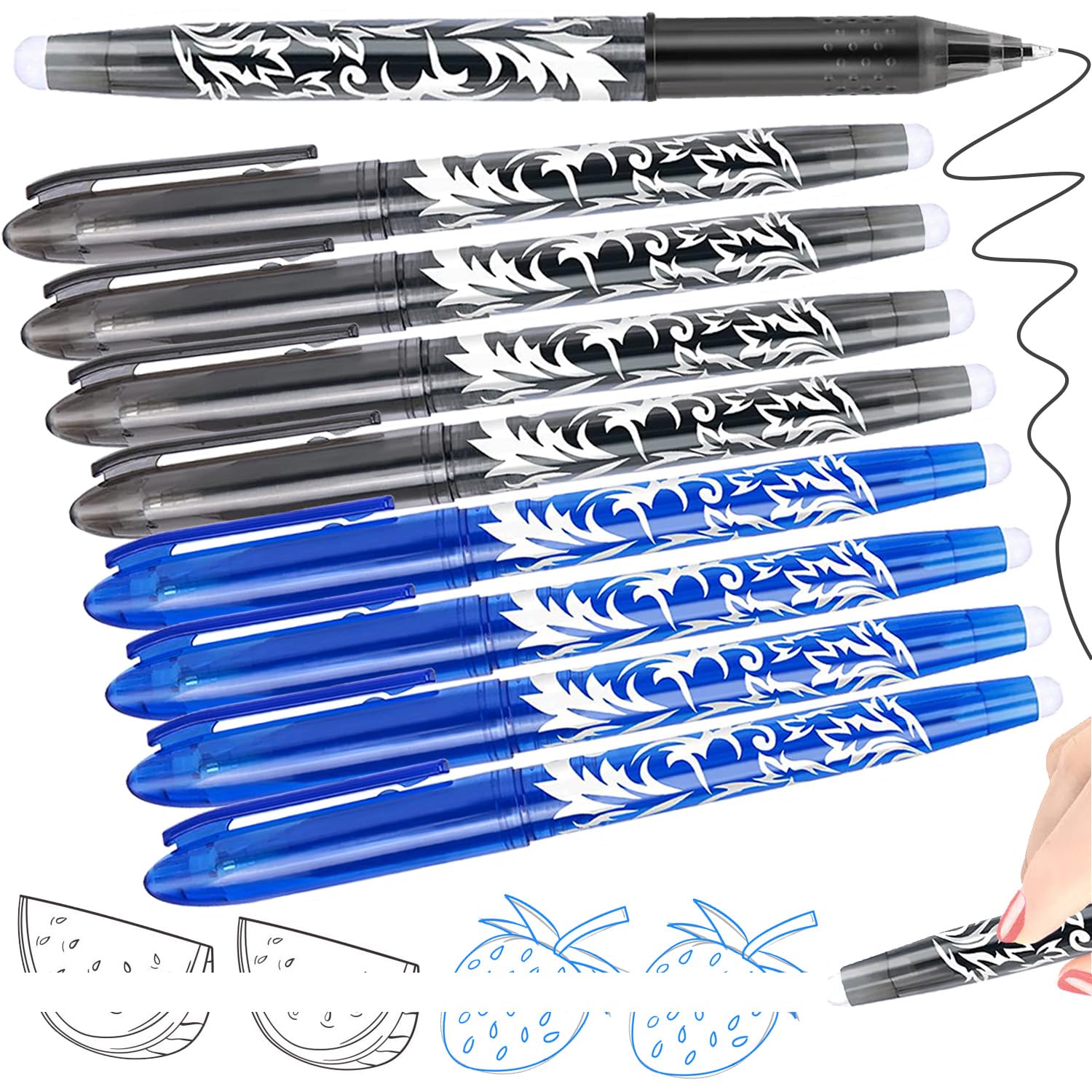 Artbiu 8 Erasable Pens Black Blue, Rub Out Pens Ink Eraser Pen with Rubber, Friction Pen with Rubbers on the End, 0.5mm Erasable Gel Biro for Writing