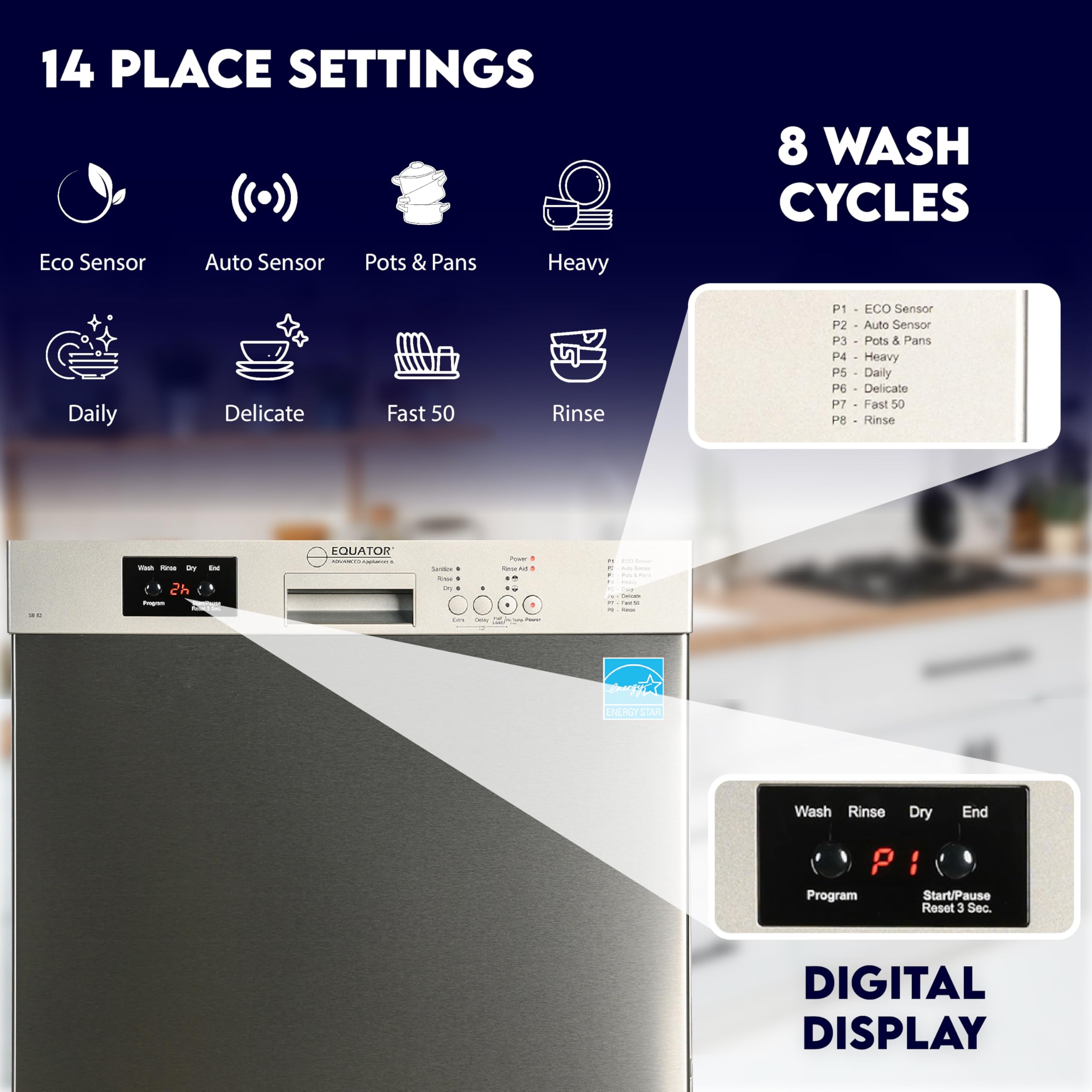 Equator 24 in Dishwasher 14 pl SANI 150F Water 3.4g Quiet 51 dB 120V E-Star (Stainless)