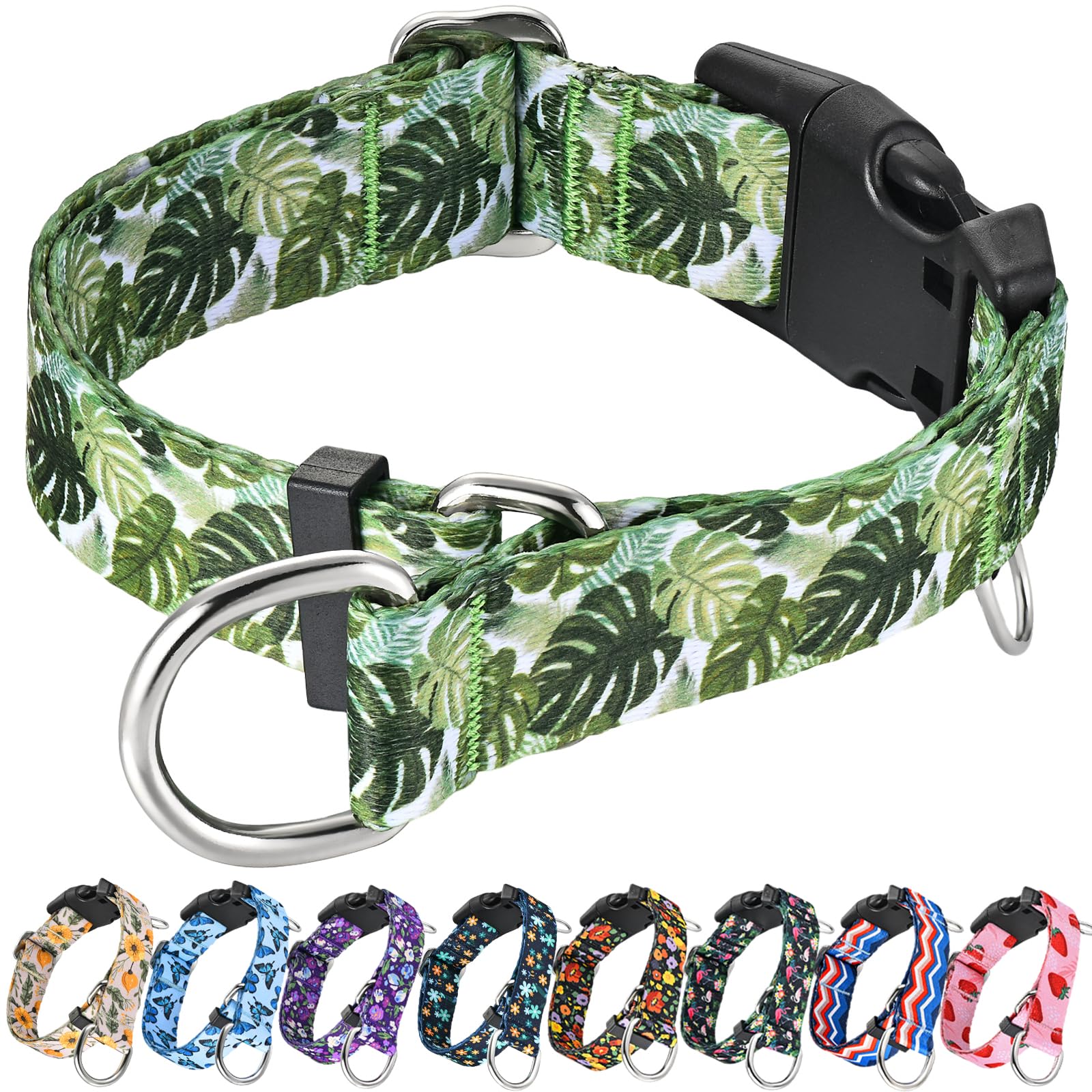 Photo 1 of Fidohug Dog Collar Martingale with Buckle Adjustable Nylon Tropical No Pull Anti Escape Training Dog Collars (Palm Leaf, Small)