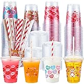 100 Set 12 oz Valentine's Day Clear Plastic Cups with Lids and Straws Valentine's Day Disposable Cups Red Lip Heart Cups Cute Bear Disposable Cups for Coffee Juice,Hot Cold Drinks,Party Supplies