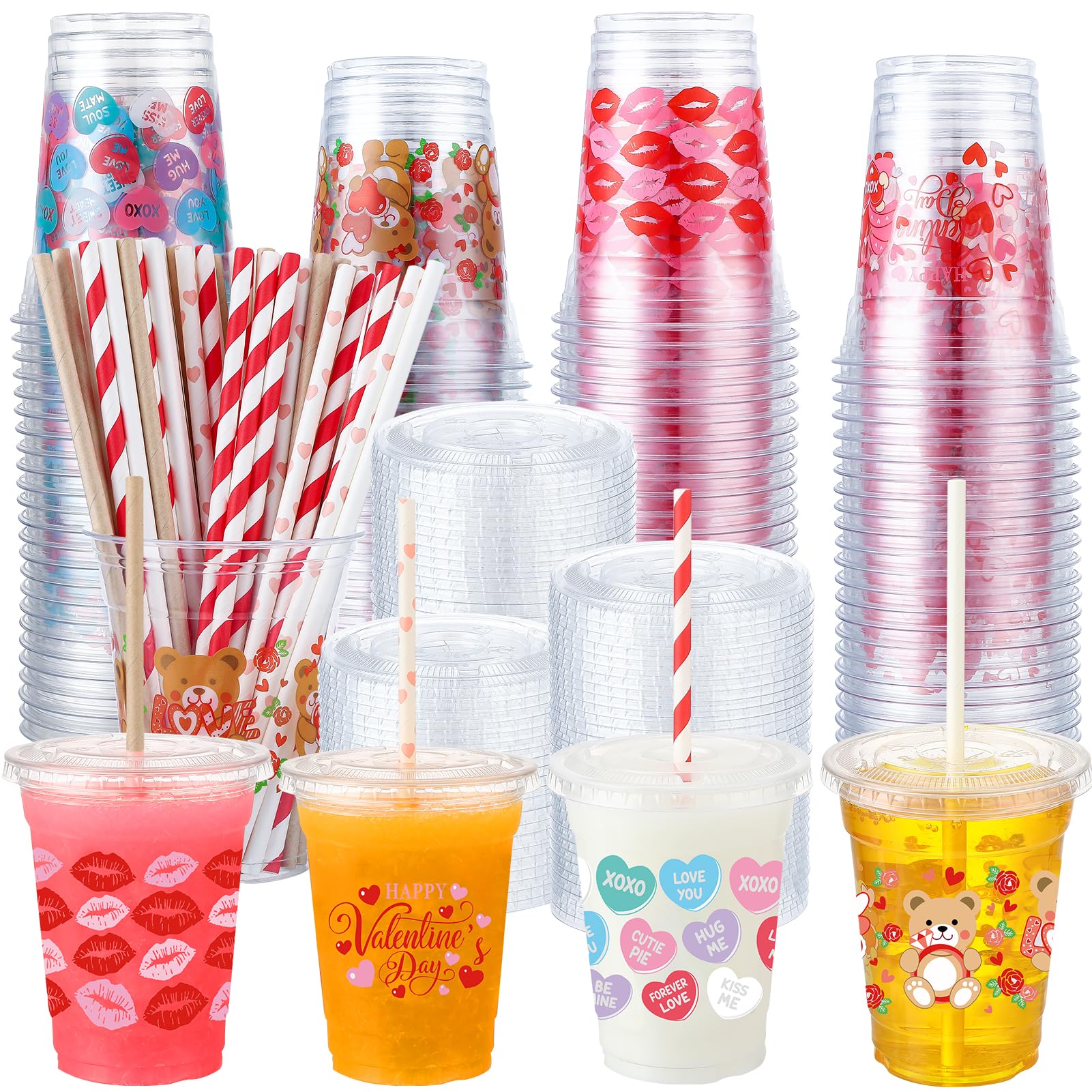 Photo 1 of 100 Set 12 oz Valentine's Day Clear Plastic Cups with Lids and Straws Valentine's Day Disposable Cups Red Lip Heart Cups Cute Bear Disposable Cups for Coffee Juice,Hot Cold Drinks,Party Supplies
