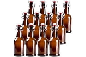 Barcaloo 16oz Amber Glass Beer Bottles for Home Brewing - 12 Pack with Flip Caps - Family Owned American Brand