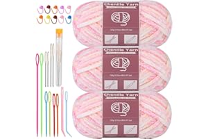 LUNARM 3 * 100g Chenille Yarn, Yarn for Crocheting Knitting with Big Eye Needles, Handcrafts Weaving Soft Chenille Yarn for Making Blankets Clothes Pattern Knitting Creations (Light Pink Gradient)