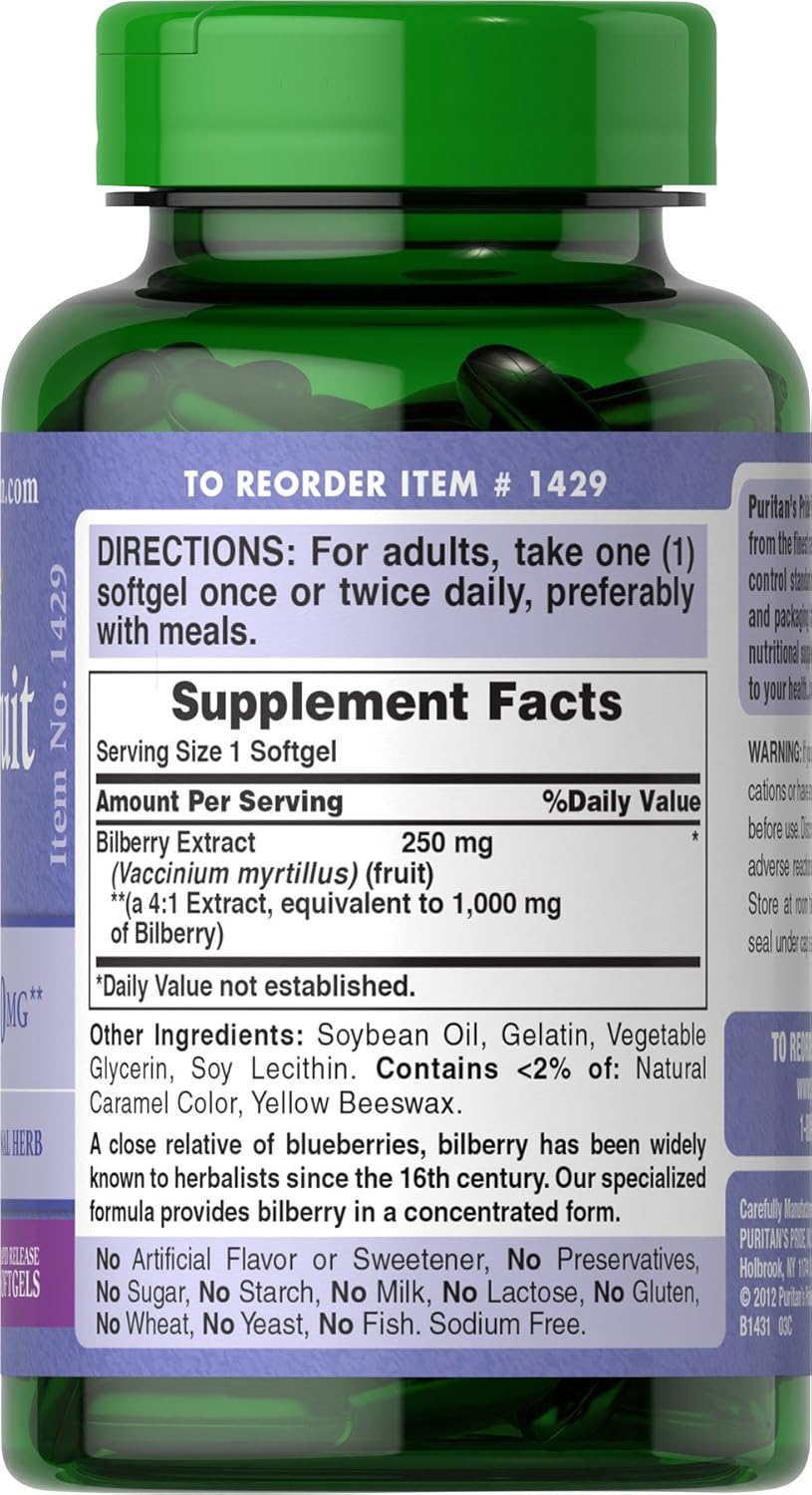 Bilberry Extract by Puritan's Pride®, Contains Antioxidant Properties*, 1000mg Equivalent, 180 Rapid Release Softgels: Health & Personal Care