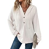 BLENCOT Hoodies for Womens Waffle Knit Button Long Sleeve Drawstring V Neck Casual Pullover Sweatshirts Hooded Blouses