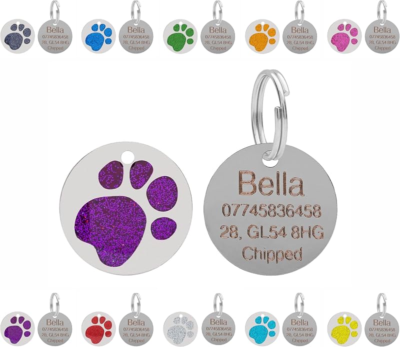 LARRYROO Personalised Engraved Pet Tag Round Glitter Paw Print 25mm Purple
