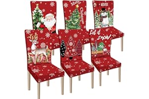 Ganeen 6 Pcs Christmas Chair Covers Merry Christmas Chair Back Cover Stretch Xmas Seat Protector Washable Xmas Dining Seat Protector Slipcover for Dining Room Kitchen Holiday Party (Classic Style)