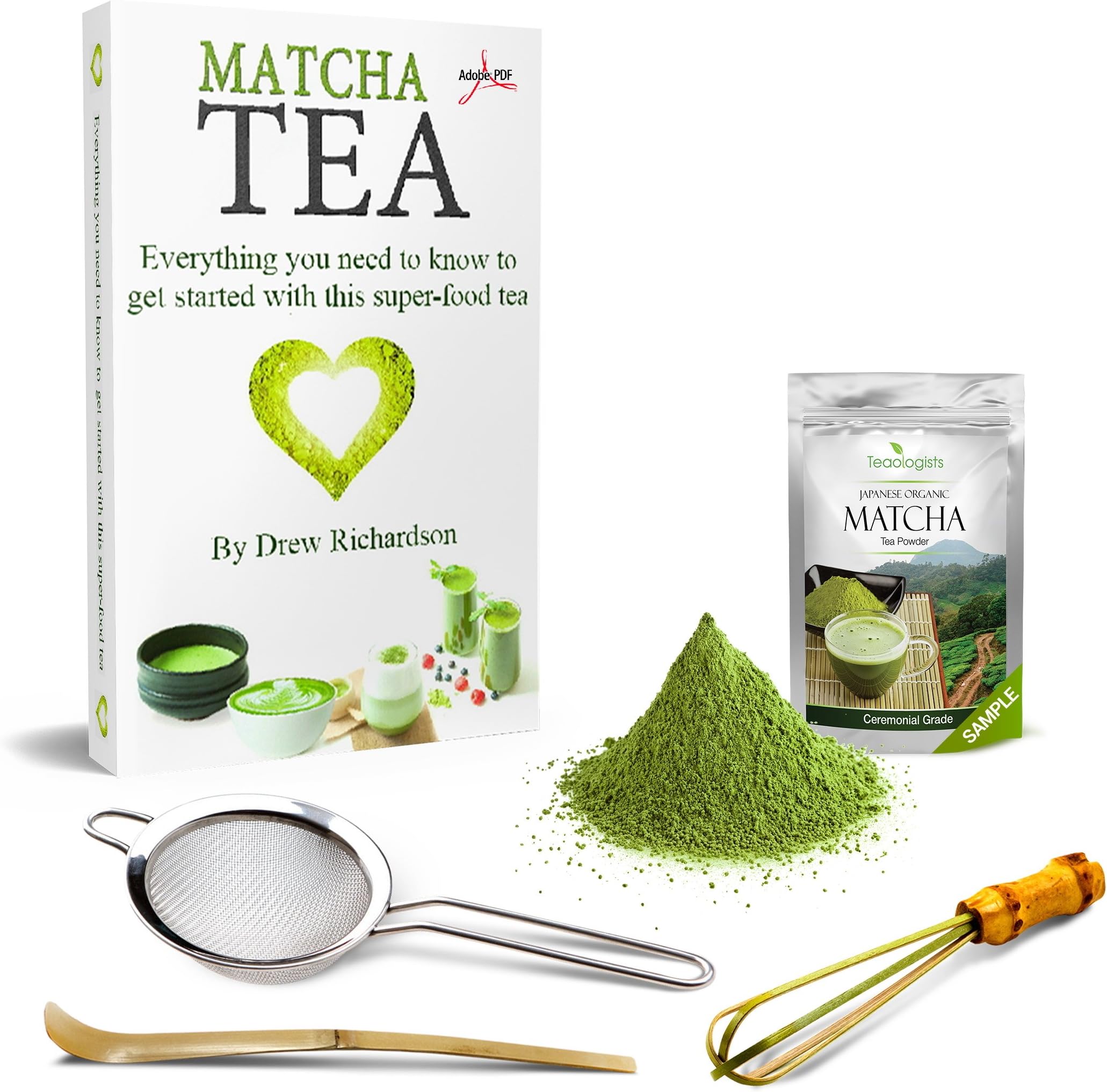 Matcha Green Tea & Teaware Starter Kit - by Teaologists - Authentic Japanese Tea Ceremony - inc. Organic Ceremonial Grade Matcha Tea 5 grams Bamboo Matcha Whisk Ladle and Sifter | Gift | Unique Present