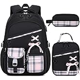 DIGOBAY Backpacks for Girls 3PCS School Backpack Lunch Box Pencil Pouch | Bookbags for Teen Girls Kids, Elementary Primary Middle High School College Travel, Padded Strap, Water-Resistant, Black Pink