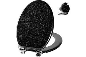 Angol Shiold Glitter Toilet Seat Molded Wood Elongated Toilet Seat with Quietly Close and Quick Release Hinges, Easy to Install also Easy to Clean (Elongated 18.5'', Black)
