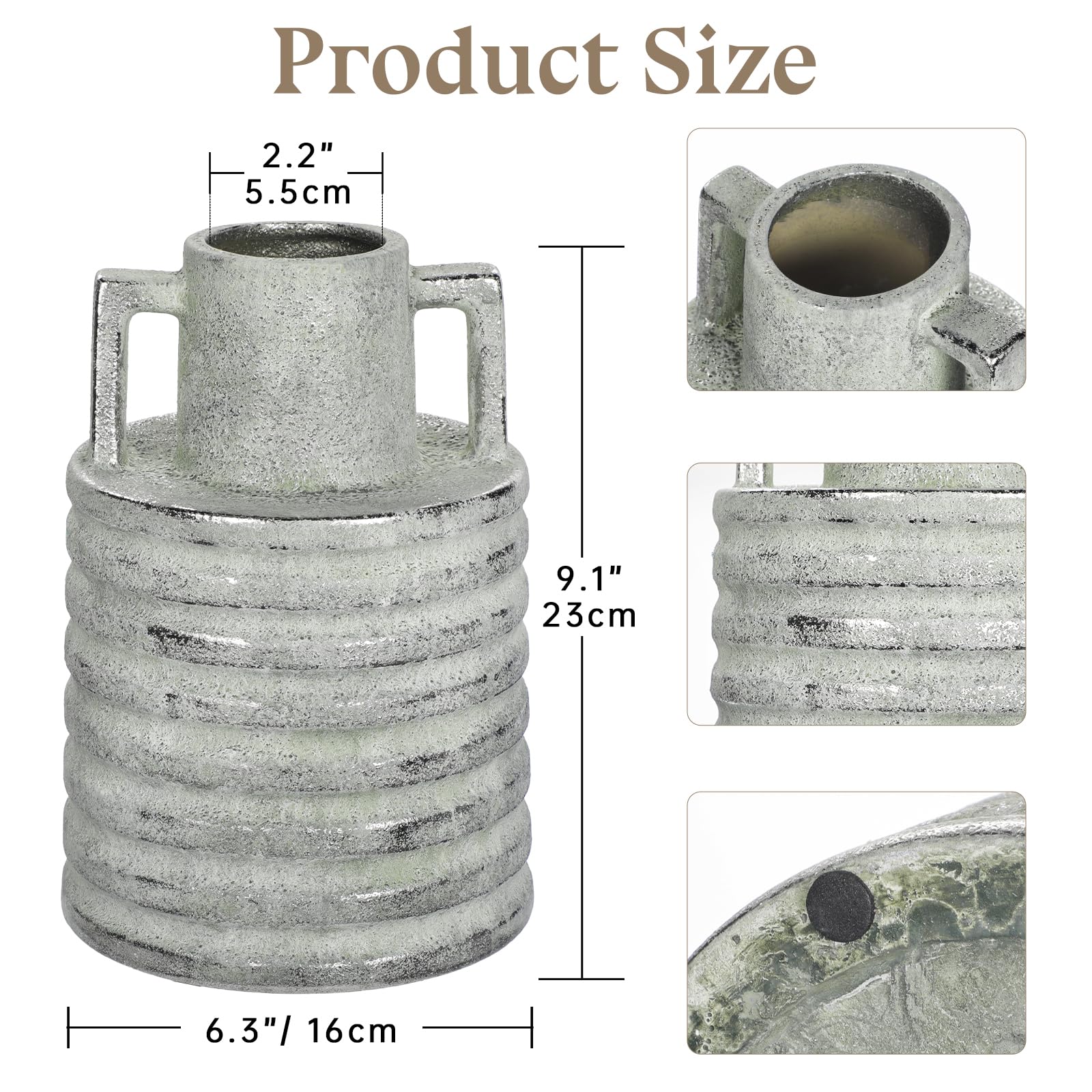 Condition photo showing New/Like New for hollyone large vintage ceramic vase with 2 handles, 9.1" tall silver-toned antique rustic decorative