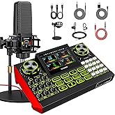 Podcast equipment bundle with live sound card audio mixer, podcast equipment with 3.5mm microphone, soundboard for phone, computer, live streaming, singing, recording, and content creation.