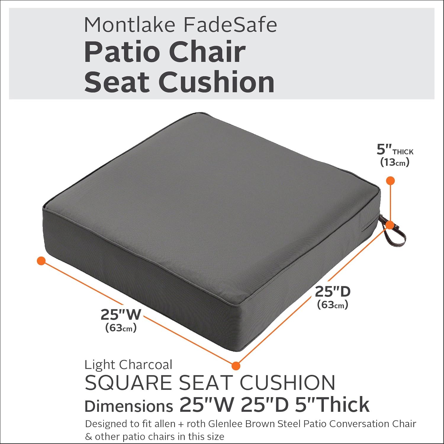 Classic Accessories Montlake Water-Resistant 25 x 25 x 5 Inch Square Outdoor Seat Cushion, Patio Furniture Chair Cushion, Light Charcoal Grey : Garden & Outdoor