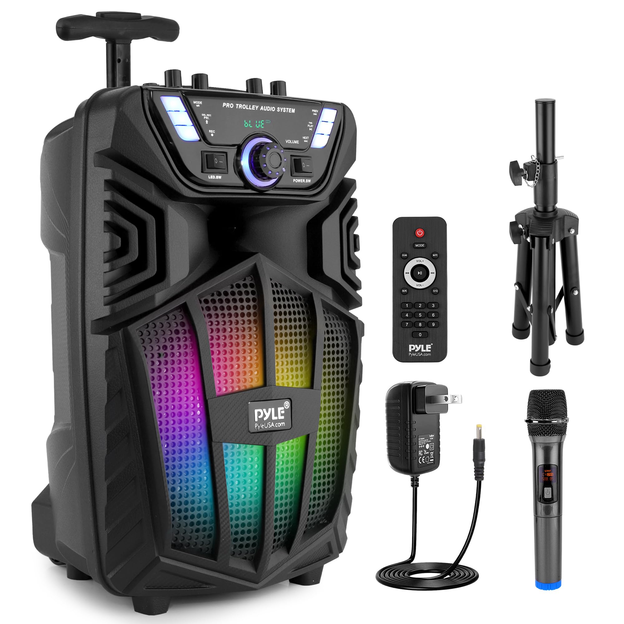 Photo 1 of (SPEAKER ONLY) (UNTESTED) Pyle 480W Portable Bluetooth PA Speaker with Speaker Stand – 8" Rechargeable Outdoor Karaoke Speaker System w/Wireless Mic, Wheels, TWS, Party Lights, LED Display, 6.5mm Mic Input, FM/AUX/MP3/USB/SD