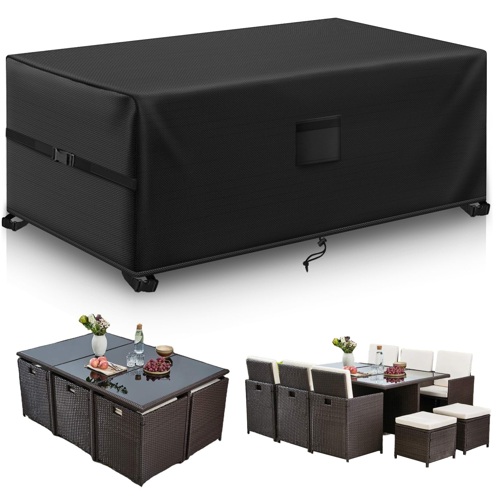 Kovshuiwe Garden Furniture Covers,200x160x70cm Patio Furniture Cover Waterproof, Table Covers 420D Heavy Duty Oxford Fabric Rattan Furniture Cover Windproof Anti-UV for Patio, Outdoor(Black) — image 1