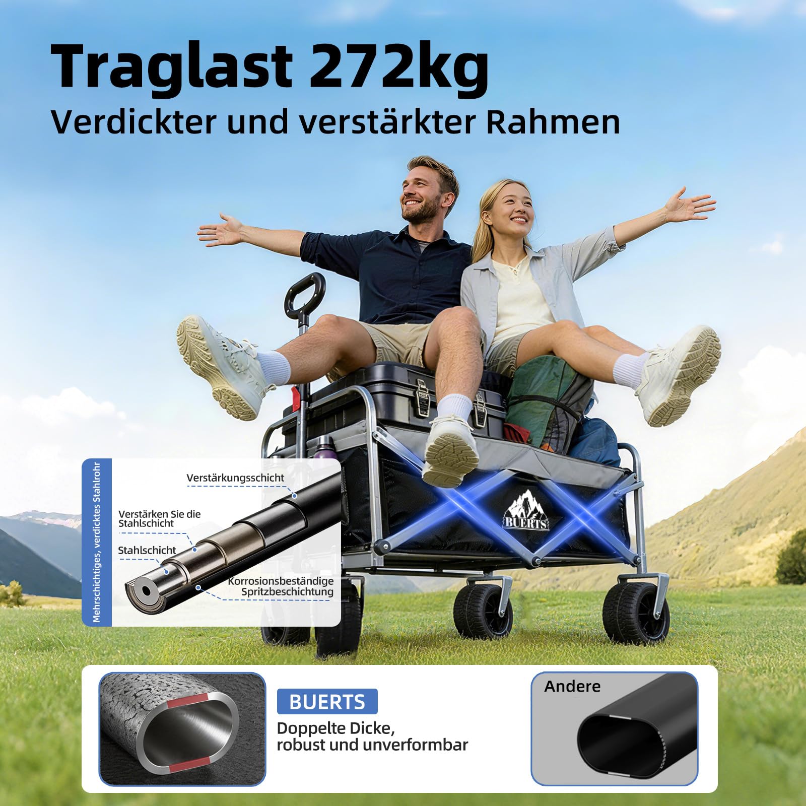 BUERTS Bollerwagen Faltbar – Tragkraft 272 kg, mit Bremsen, Getränkehalter, Verstellbarem Griff, All Terrain Rädern für Camping Outdoor Shopping, 600D Oxford-Gewebe, Schwarz 2