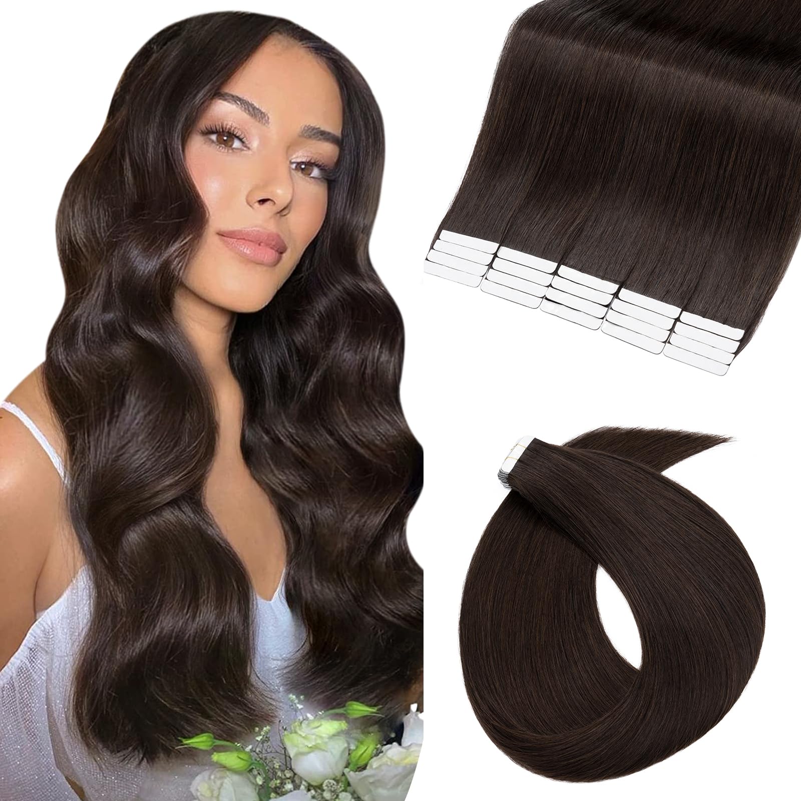 UK-Fashion-Shop Tape in Hair Extensions Human Hair 12 Inch Invisible Dark Brown Hair Extensions Tape in Hair 20pcs 40g Real Hair Tapes Straight Remy Seamless #2 Dark Brown — image 1