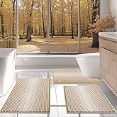 BSICPRO Bathroom Rugs Sets 3 Piece, Toilet Rugs U-Shaped Contour Bath Mat Set, Striped Absorbent Non Slip Chenille Shower Mat, Beige