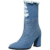 Agodor Women's Denim Ankle Boots Pointed Toe Chunky High Heel Booties with Zipper (US 9.5, short dark blue)