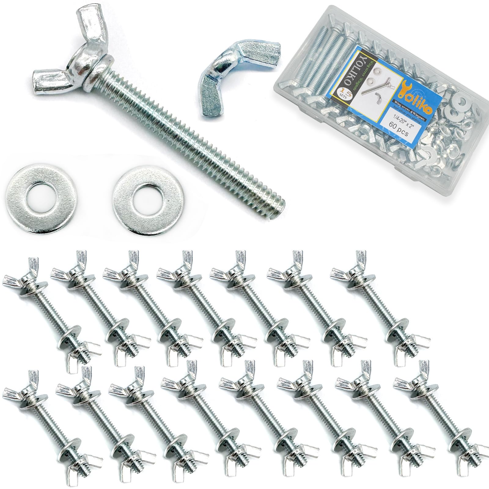 Photo 1 of Yoliko 15 Sets (60 Pcs Total) Silver Zinc Coated 1/4"-20 x 2 Wing Screw Bolts Wing Nuts and Flat Washers Kit Hand Twist Tighten Wing Head Butterfly Screws and Nut Fasteners Assorted Kit