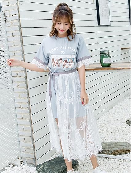 Amazon Co Jp ジエッダ The Edda レディース ワンピース レイヤード レース チュール ロング 半袖 青 服 ファッション小物