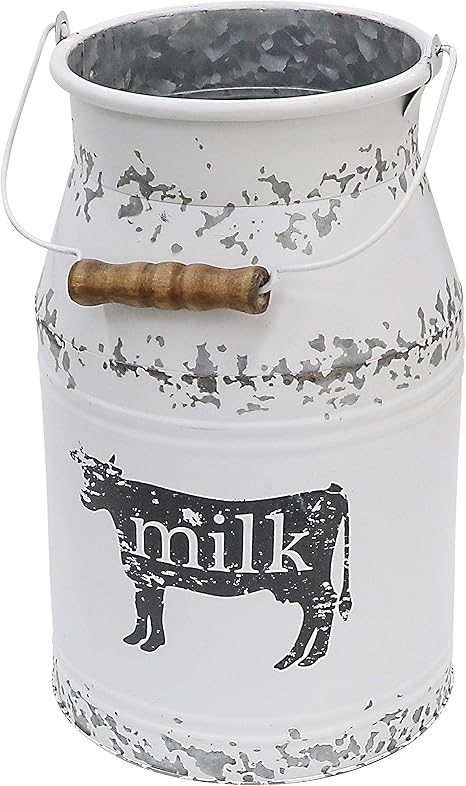 Amazon Com Fovasen Metal Big Cow Galvanized Milk Can With Wooden Handle Rustic White Farmhouse Vase Planter Primitive Decorative Flower Holder For Home Wedding Table Centerpiece Decor Large 11 Home Kitchen