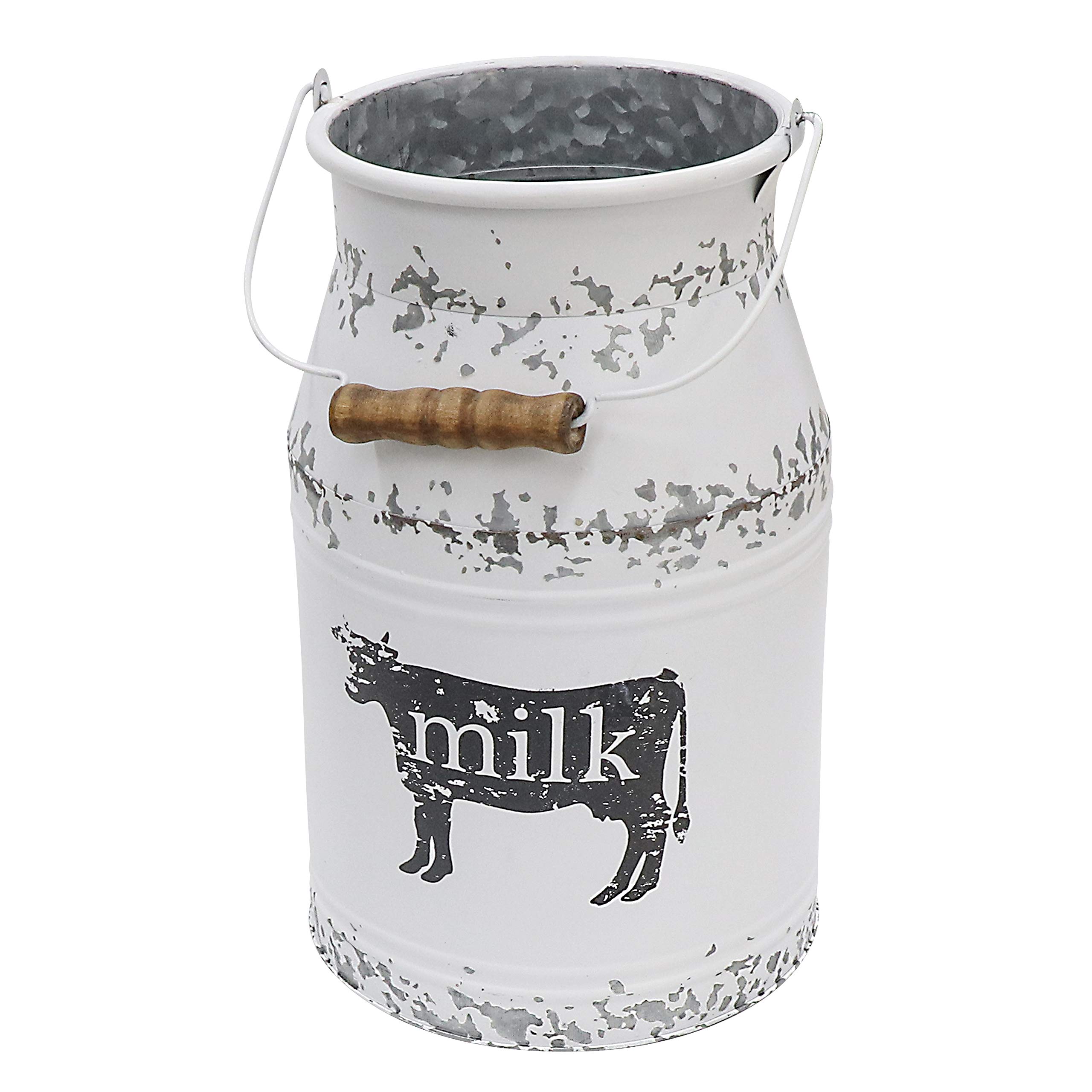Fovasen Metal Big Cow Galvanized Milk Can with Wooden Handle, Rustic White Farmhouse Vase Planter, Primitive Decorative Flower Holder for Home Wedding Table Centerpiece Decor Large - 11"