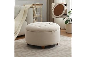WUTUTUEE 30Inch Round Storage Ottoman with Tray, Modern Tufted Fabric Circle Coffee Table with Storage, Upholstered Ottoman with Removable Top for Living Room, Bedroom, Khaki