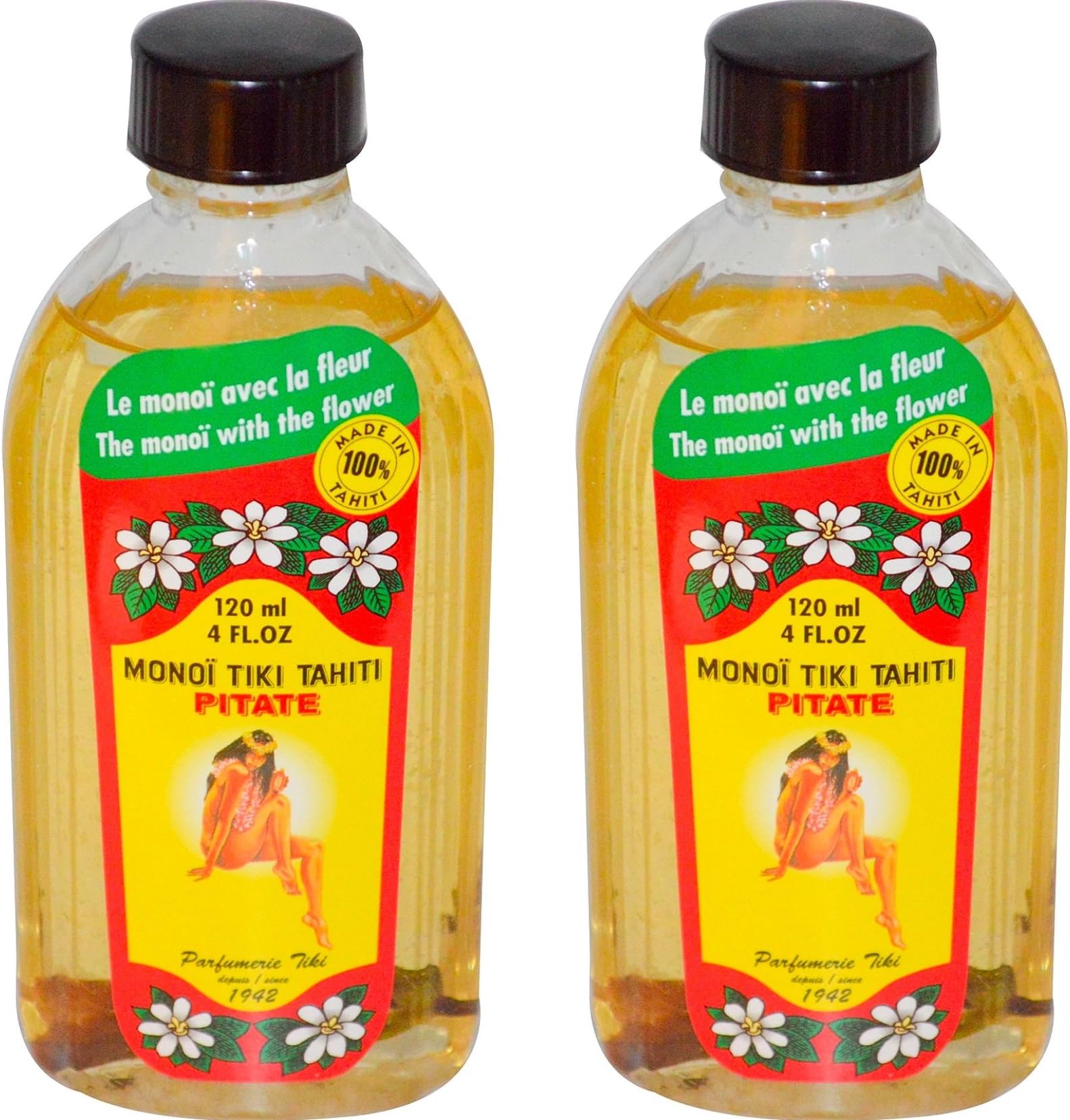 Monoi Tiki TahitiJasmine Pitate Coconut Oil (Pack of 2), Scented With Fresh Handpicked Tiare Flowers, 100% Made in Tahiti, 4 fl. oz.
