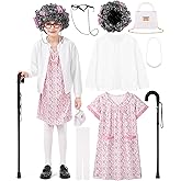 FancyFun 8 Pieces Old Lady Costume for Girls, 100 Days of School Costume for Kids Grandma Wig Granny Dress Cosplay Outifits