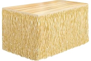 Fovths 1 Pack Luau Grass Table Skirt Paper Fringe Straw Grass Skirt 108 x 30 Inch Hibiscus Hawaiian Table Skirts Rectangle Tropical Luau Party Decorations for Hawaiian Luau Decorations