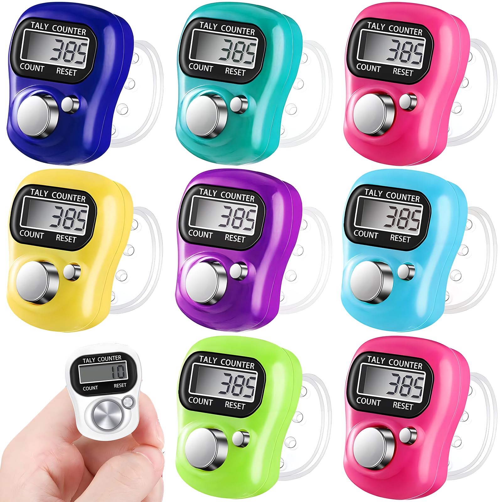 9 pcs Finger Counter Electronic Counter Lap Counter Useful Electronic Row Counter Finger Ring Digit Marker LCD Tally Counter(Red/Purple/White/Pink/Light Green/Blue/Navy Blue/Sky Blue/Orange)