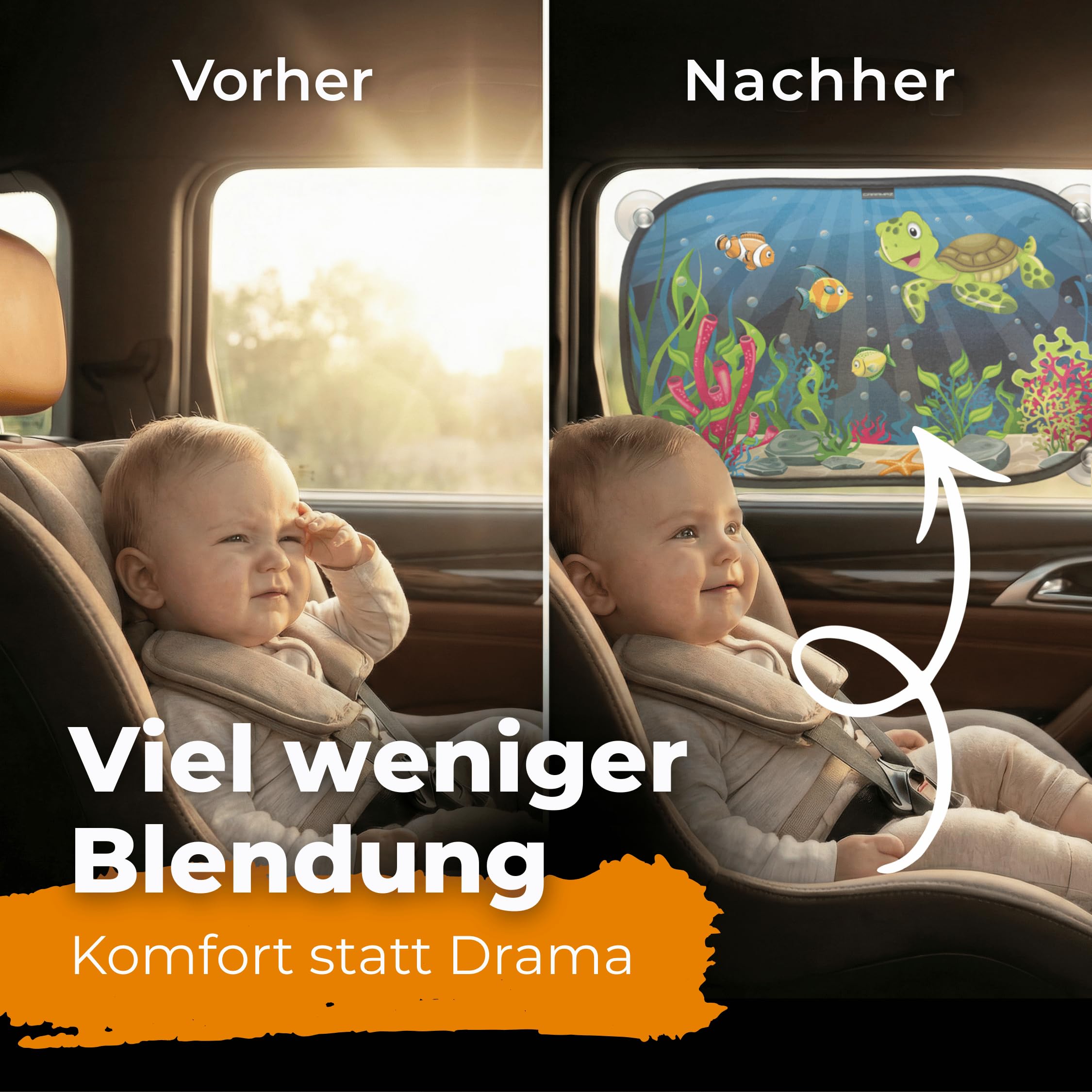 CARAMAZ Sonnenschutz Auto Baby mit zertifiziertem UV Schutz, universell passend 48 x 30 cm, 2 Stück Sonnenblende, mit Saugnäpfen, Motiv: Grün-Turtle 3