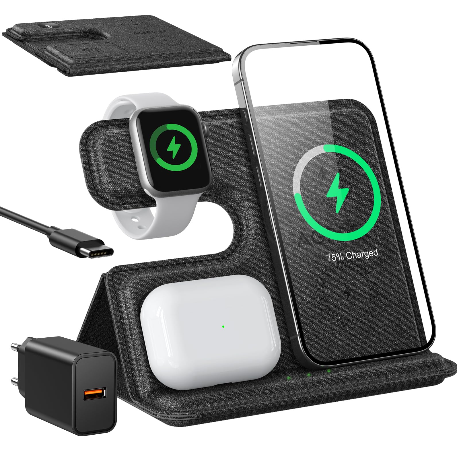 AGPTEK 3 in 1 Foldable Inductive Charging Station, Wireless Charger, Wireless Charger Compatible with iPhone 15/14/13/12/Huawei/Xiaomi/Samsung, iWatch/AirPods/Galaxy Buds, 18W Plug, Business Travel