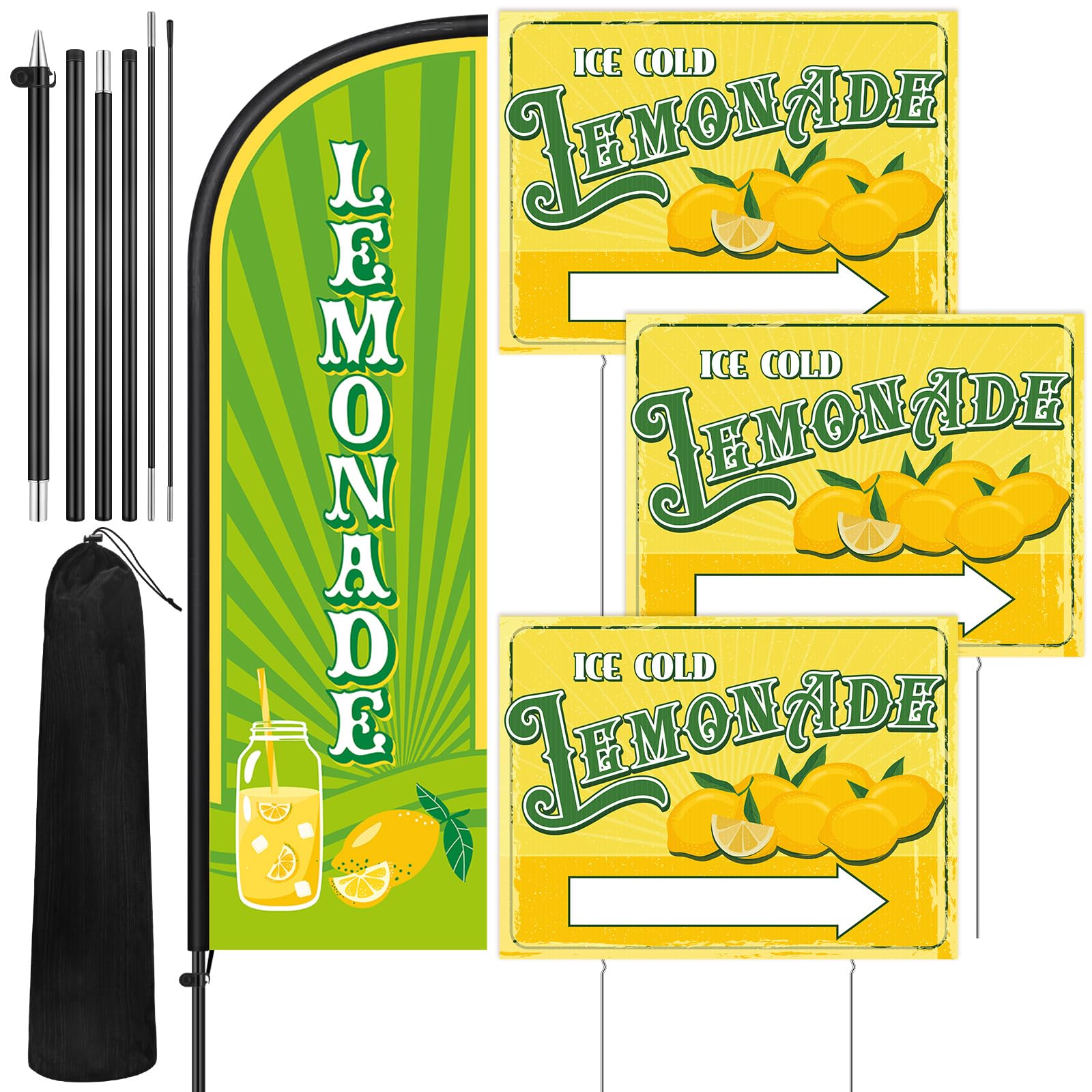 Photo 1 of Hahafelt 3 Pcs Lemonade Shop Sign 1 Pcs 7 ft Lemonade Flag with Pole Kit Yard Sign with Metal Stakes Feather Windless Swooper Shop Flags for Outdoor Business Advertising