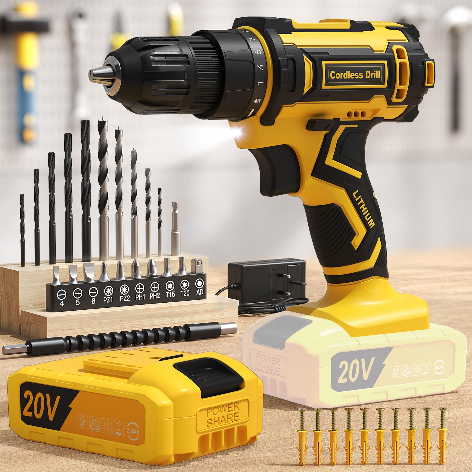 FAHEFANA Cordless Drill, 20V Power Drill with 25+1 Max 370 in-lb Torque, Electric Screwdriver Driver with Battery and Charger, 3/8